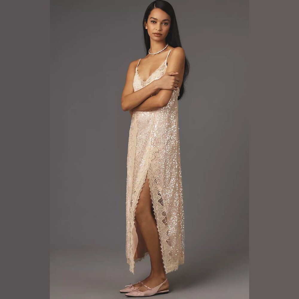 NEW En Elly Sizes M, L, XL Sleeveless V-Neck Lace Sequin Slip Midi Dress - Pink